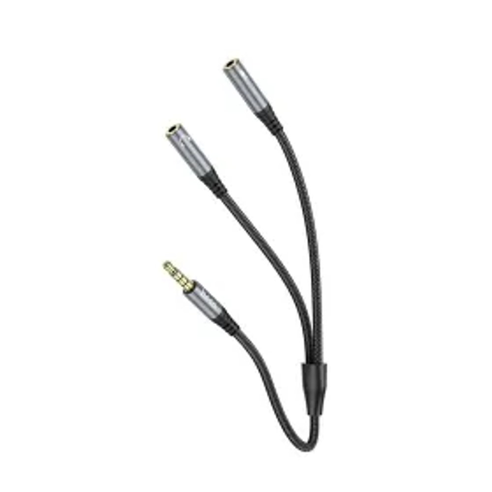 HOCO kabel AUX 2v1 Jack 3,5 mm (samec) na 2 x Jack 3,5 mm (samice) UPA21 0,25 m kovově šedý