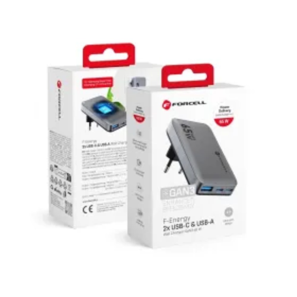 F-ENERGY GaN VT-47 Ultra tenká cestovní nabíječka 2 x typ C + USB A PD QC4.0 4A 65W šedá