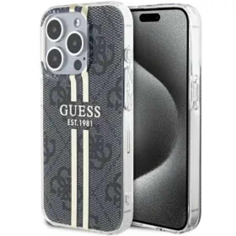 Originální čelní kryt GUESS GUHCP15LH4PSEGK pro iPhone 15 Pro (4G zlatý proužek / černý)