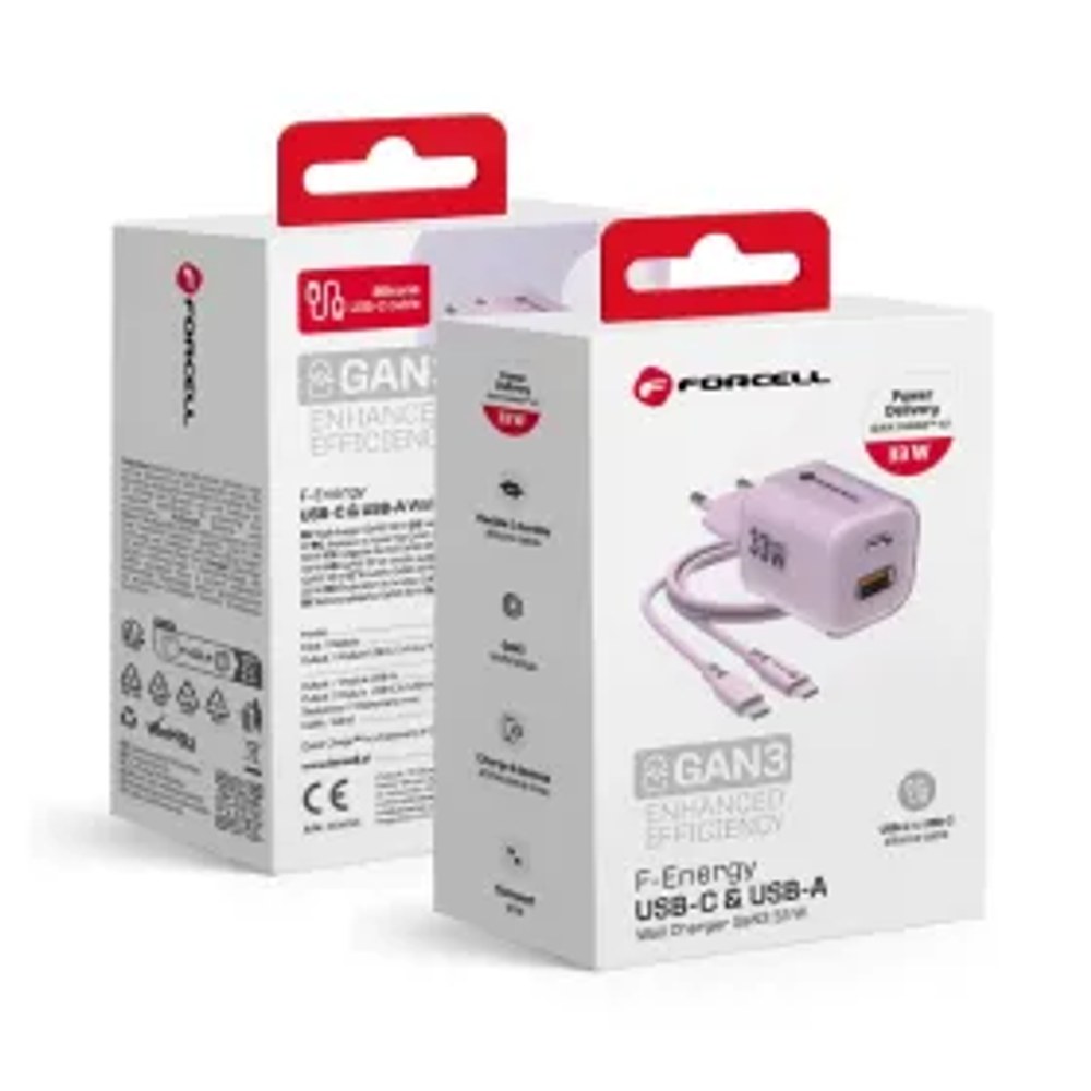 F-ENERGY Crystal Color GaN III VT-41 cestovní nabíječka se silikonovým kabelem s 1 x zásuvkou typu C + 1 x USB A, PD QC4.0 33W fialová