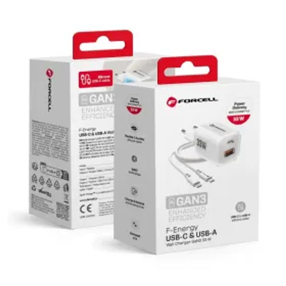 F-ENERGY Crystal Color GaN III VT-41 cestovní nabíječka se silikonovým kabelem s 1 x zásuvkou typu C + 1 x USB A, PD QC4.0 33W bílá