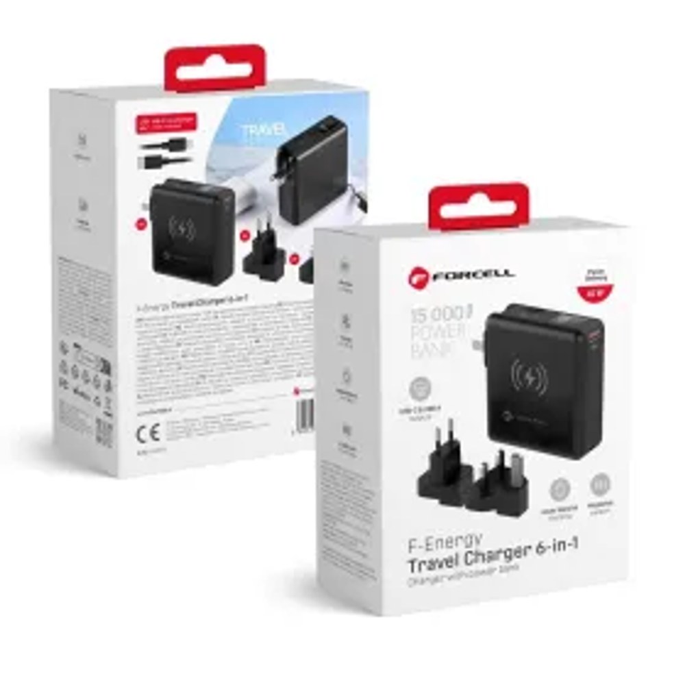 Multifunkční nabíječka F-ENERGY 45W 6v1 se zásuvkami USB A a USB C, power bankou 15000mAh a bezdrátovým nabíjením 15W