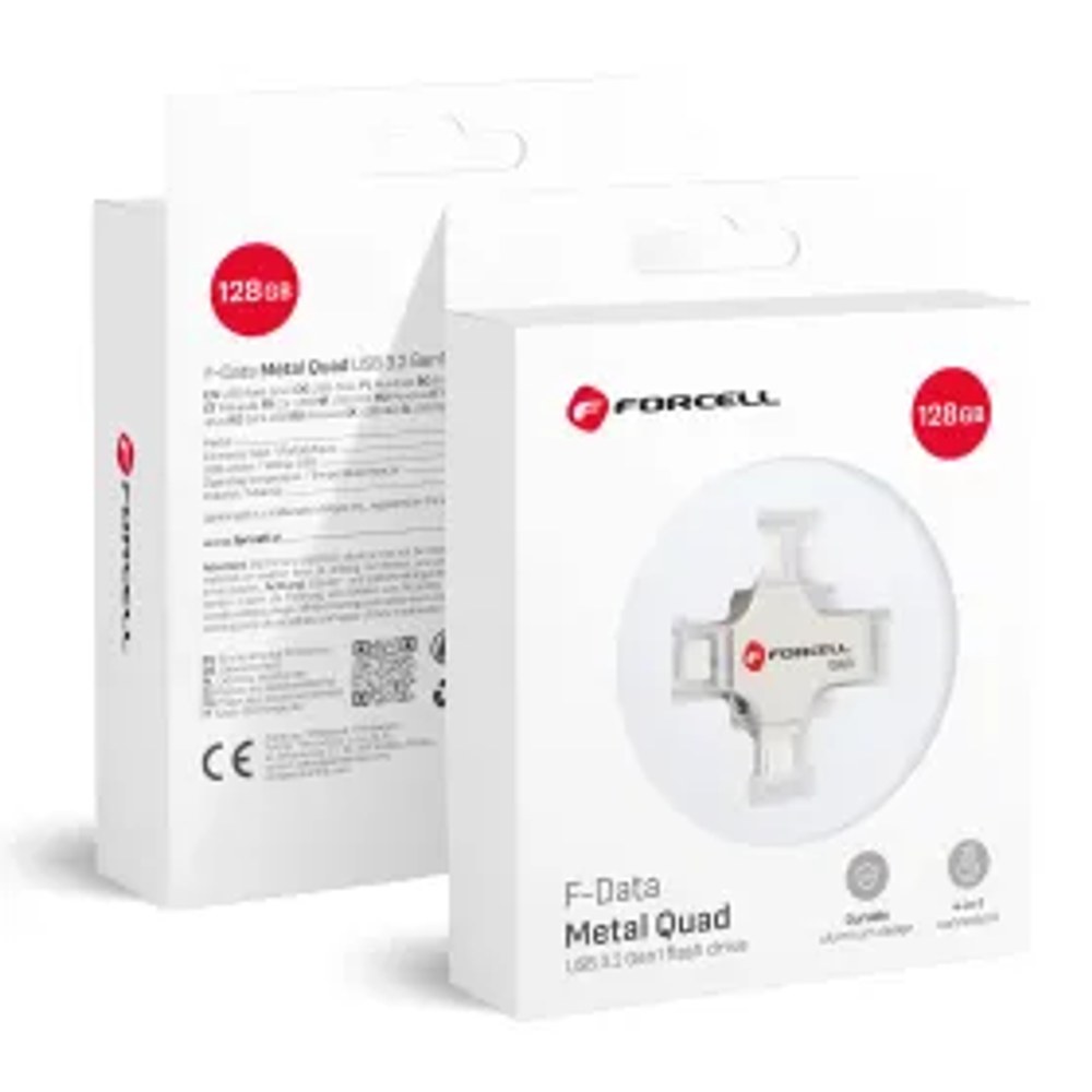 F-DATA pendrive Metal Quad 128GB USB3.2 Gen 1 (USB A / Type C / Lightning / Micro USB) stříbrný