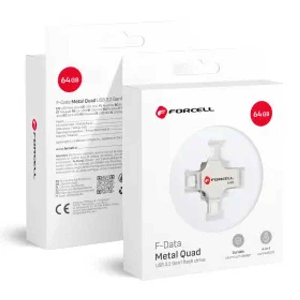 F-DATA pendrive Metal Quad 64GB USB3.2 Gen 1 (USB A / Type C / Lightning / Micro USB) stříbrný