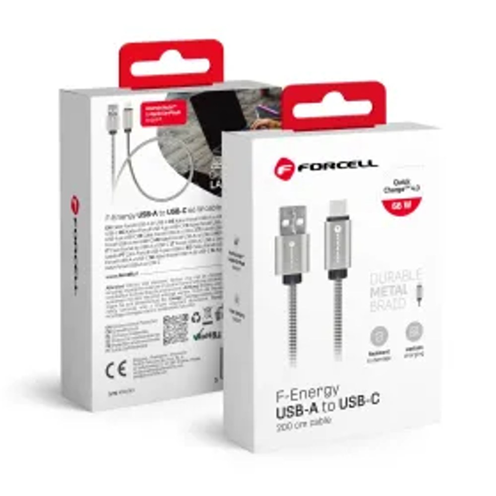 F-ENERGY Metal C234 kabel USB A na typ C QC4.0A 3A 66W 2 m stříbrný