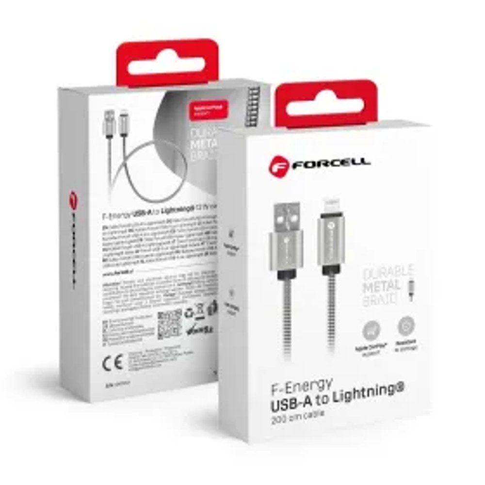 F-ENERGY Metal C236 kabel USB A na Lightning 2,4A 12W 2 m stříbrný