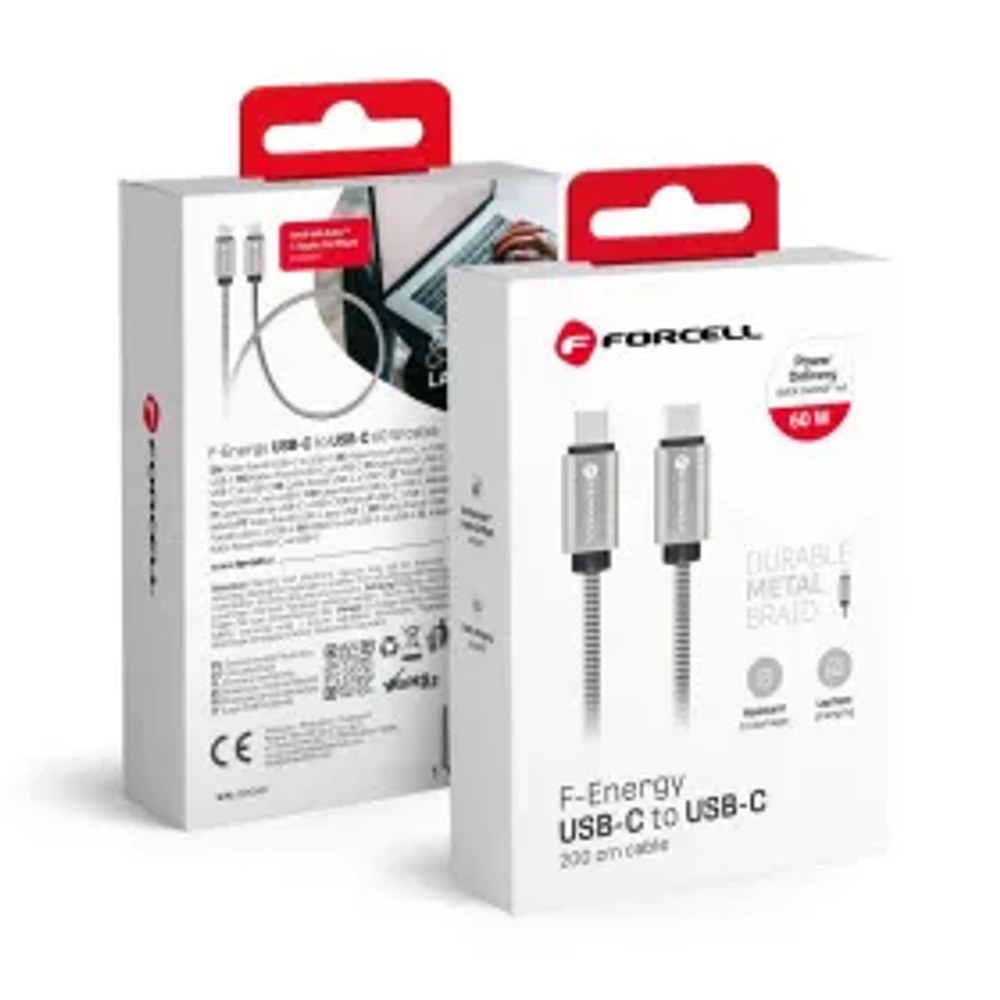 F-ENERGY Metal C237 kabel Typ C na Typ C PD QC4.0 3A 60W 2 m stříbrný