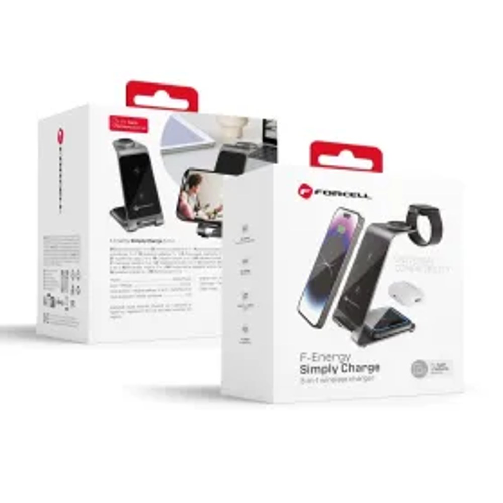 F-ENERGY Simply Charge 3v1 kompatibilní s hodinkami Apple Watch a Samsung Watch šedá