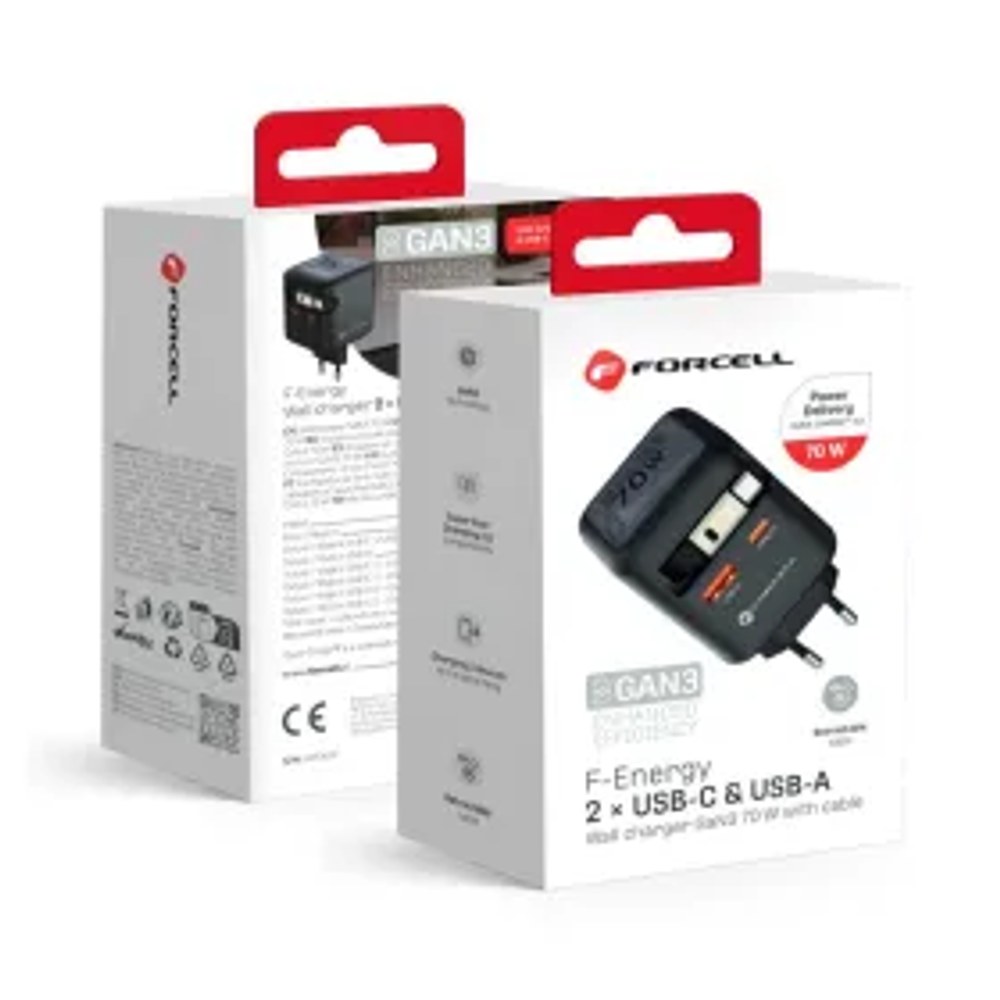F-ENERGY GaN III VT-R7 cestovní nabíječka s výsuvným kabelem typu C a 1x typ C, 1x USB A nabíjecí porty PD QC4.0 3A 70W šedá