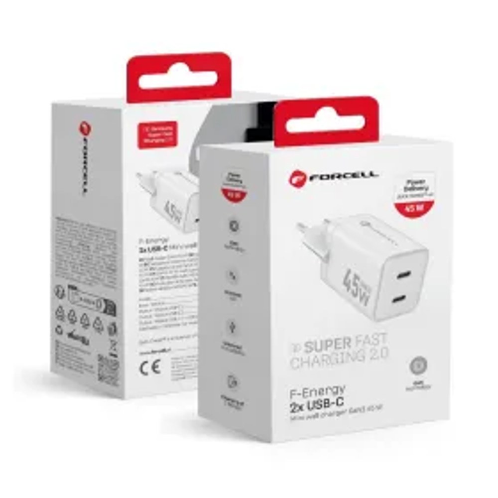F-ENERGY Mini GaN III VT-36B cestovní nabíječka s 2 x zásuvkou typu C, PD QC4.0 45W bílá