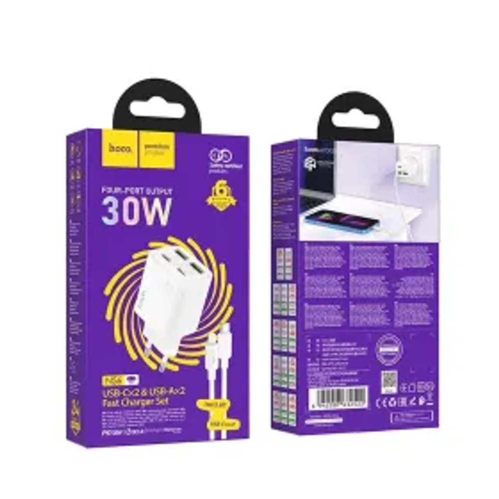 Nabíječka HOCO 2 x Type C + 2 x USB A + kabel Type C to Lightning PD QC3.0 3A 30W N56 bílá