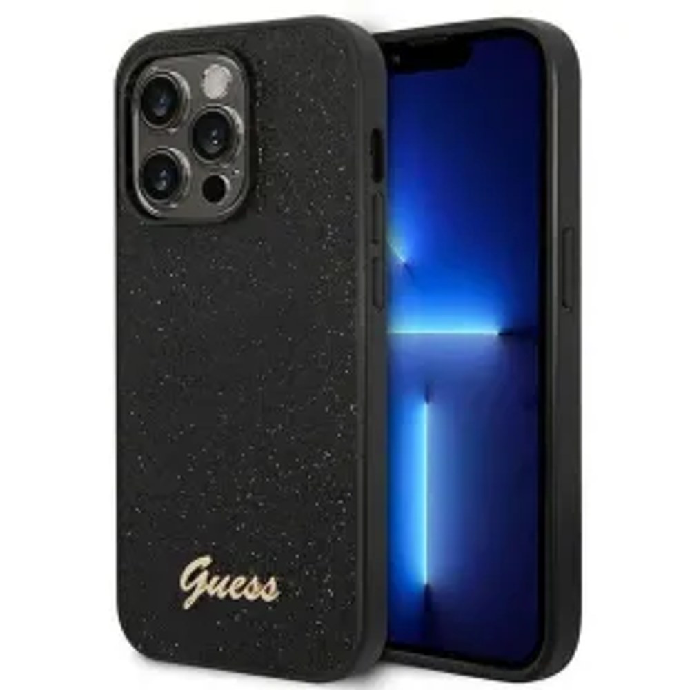 Originální čelní kryt GUESS GUHCP14LHGGSHK pro iPhone 14 PRO (Glitter Flakes Script Metal Logo / černá)