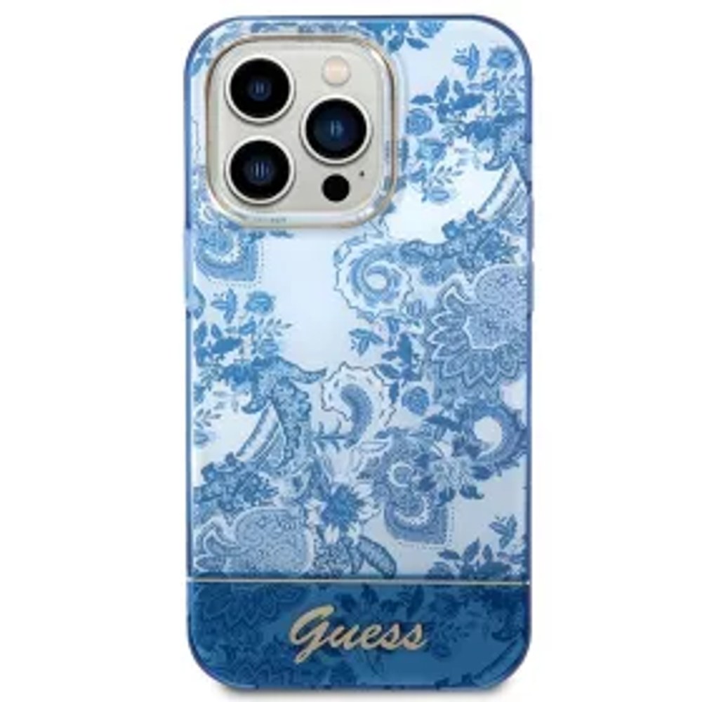 Originální čelní kryt GUESS GUHCP14LHGPLHB pro iPhone 14 PRO (IML Electro Cam TDJ / modrý)