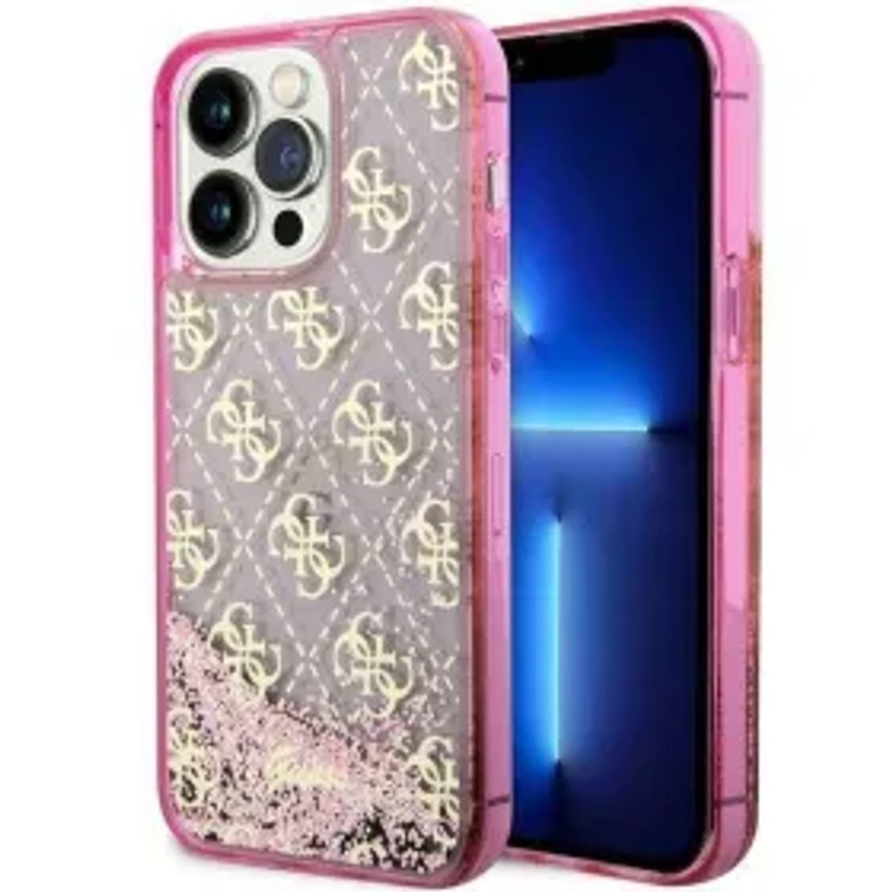 Originální čelní kryt GUESS GUHCP14LLC4PSGP pro iPhone 14 PRO (Liquid Glitter 4G Translucent / pink)