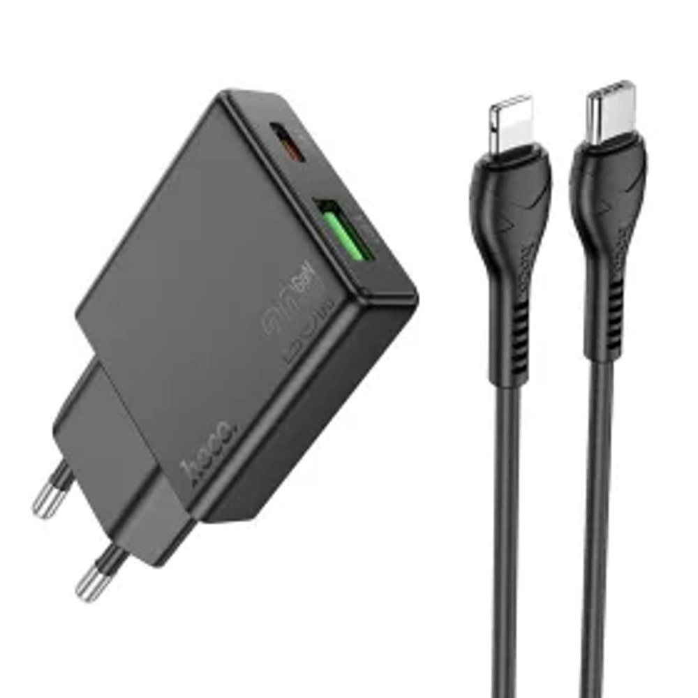 Štíhlá nástěnná nabíječka HOCO USB A + typ C s kabelem typu C na Lightning PD QC3.0 3A 20W N38 černá
