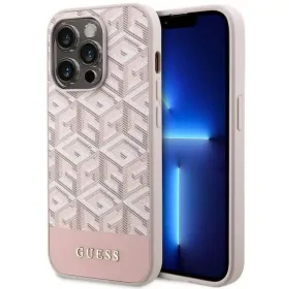 Originální čelní kryt GUESS GUHMP14LHGCFSEP pro iPhone 14 PRO (Magsafe GCUBE Stripes / růžový)