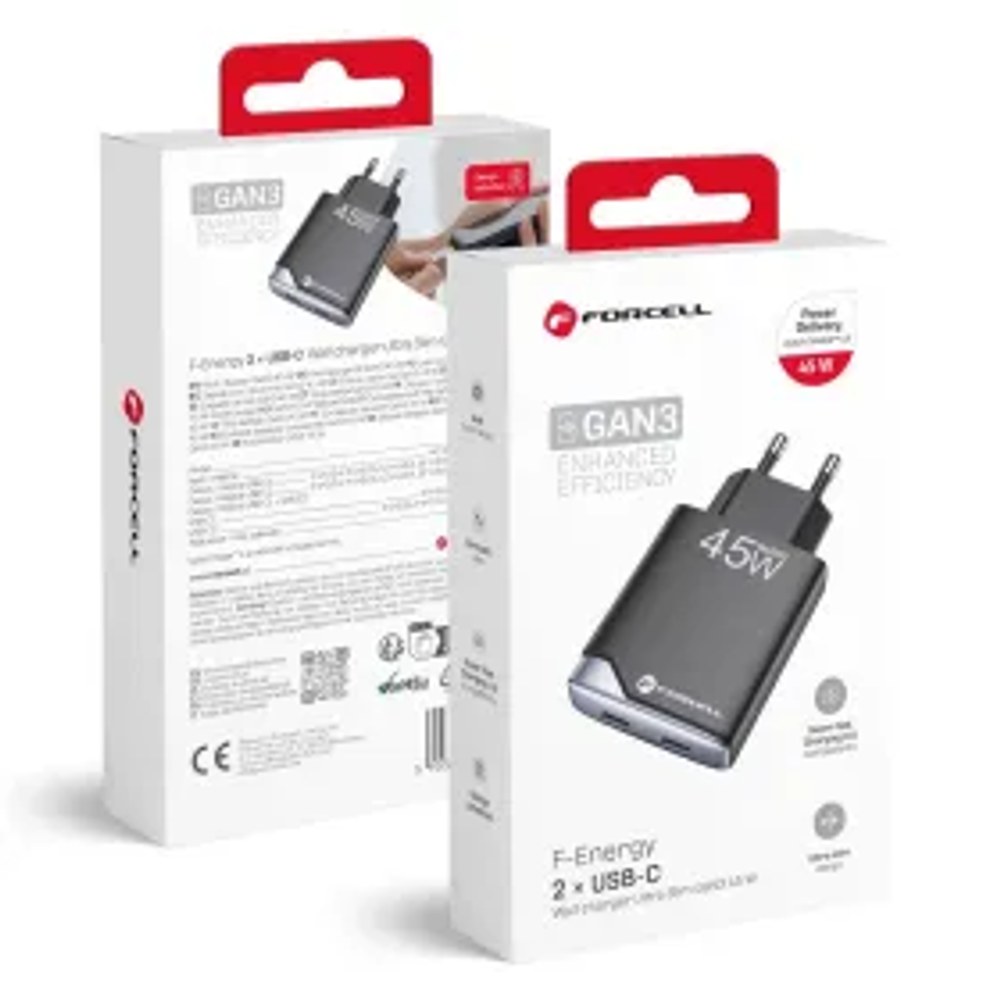 F-ENERGY GaN III B245201(2C) Ultratenká cestovní nabíječka 2 x Type C + USB A PD QC4.0 3A 45W černá