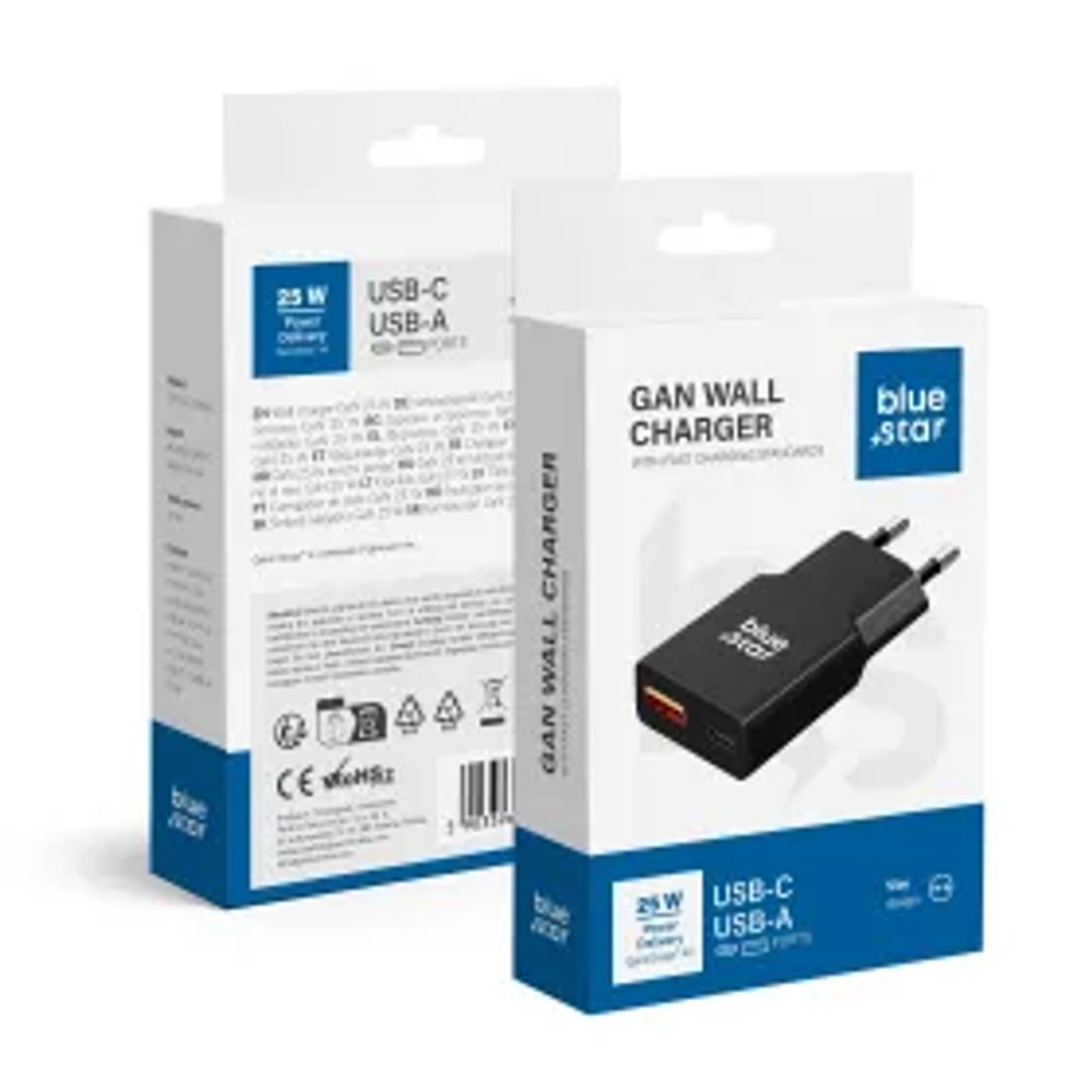 Cestovní nabíječka Blue Star Slim GaN 1x typ C + 1x USB A PD QC4.0 3A 25W černá