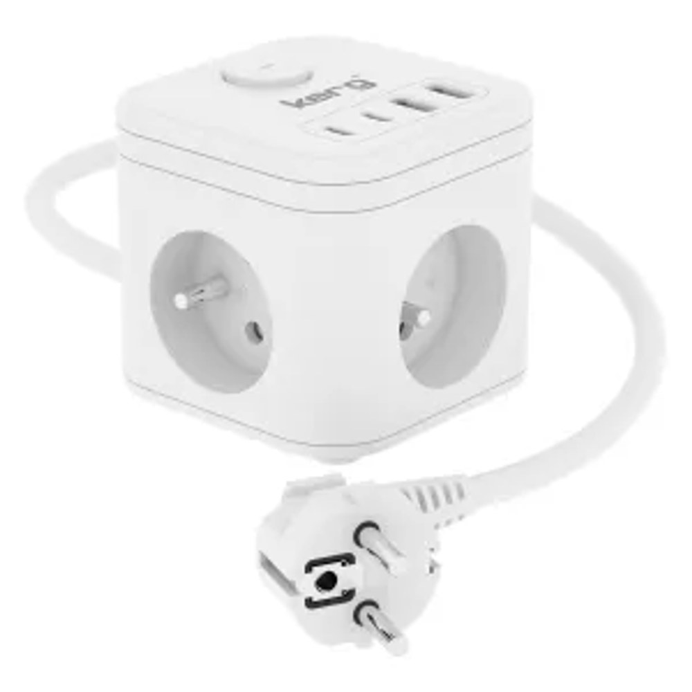 KERG 3-zásuvková napájecí kostka + nabíječka USB-A+USB-C 1,5m 3×1,5mm2 H05VV-F 16A/250V~ Smart bílá