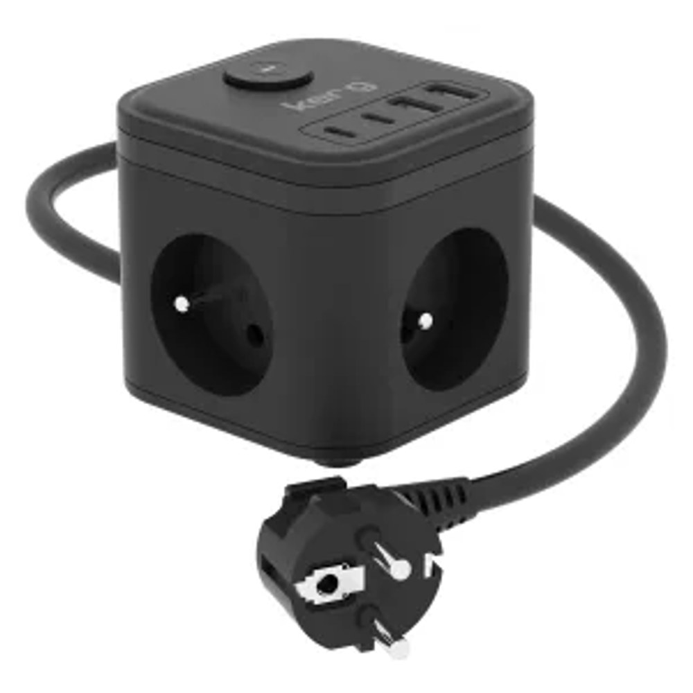 KERG 3-zásuvková napájecí kostka + rychlonabíječka USB-A+USB-C 1,5m 3×1,5mm2 H05VV-F 16A/250V~ Smart černá