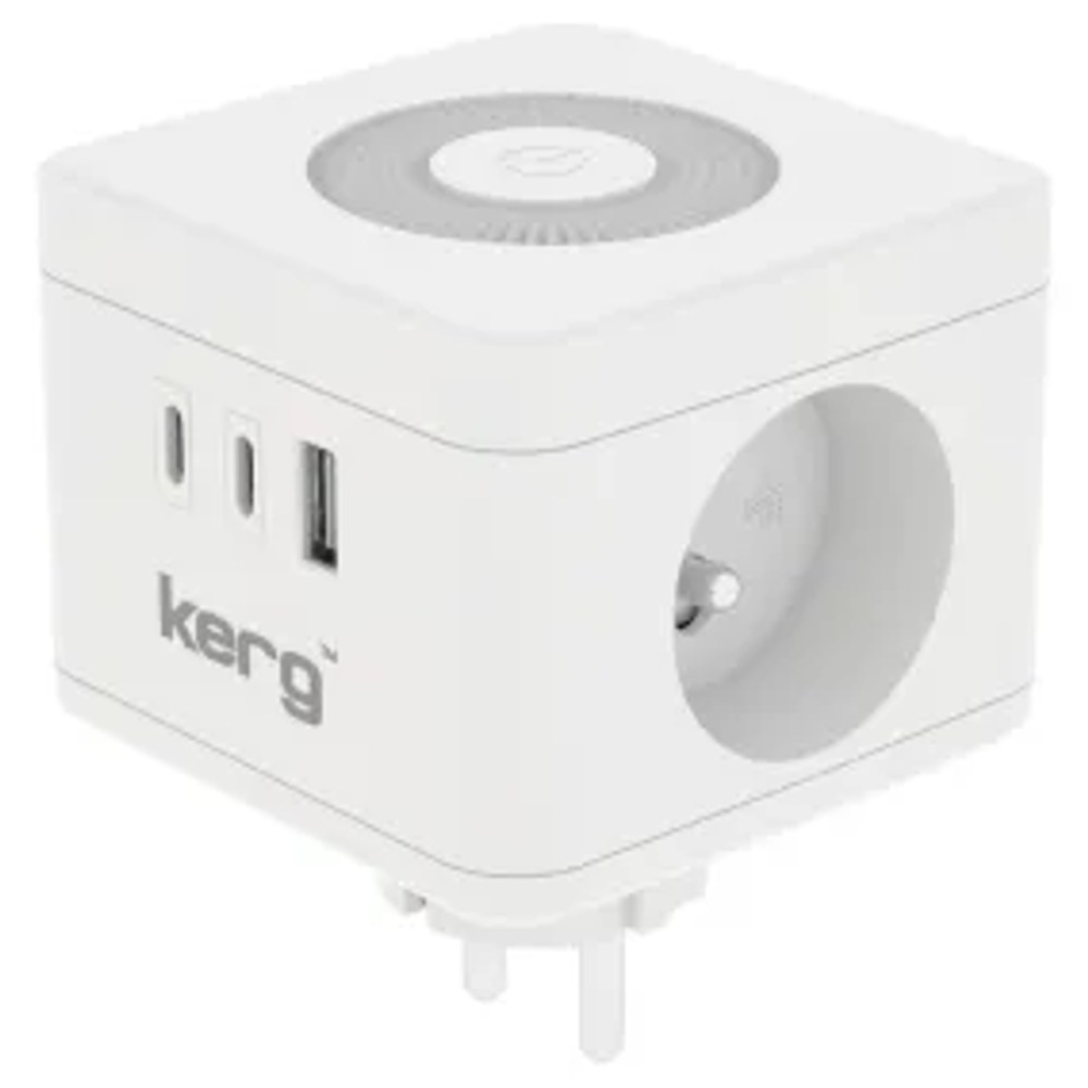 KERG Smart 2-zásuvková napájecí kostka + nabíječka USB-A + USB-C + LED lampa 16A/250V~ bílá