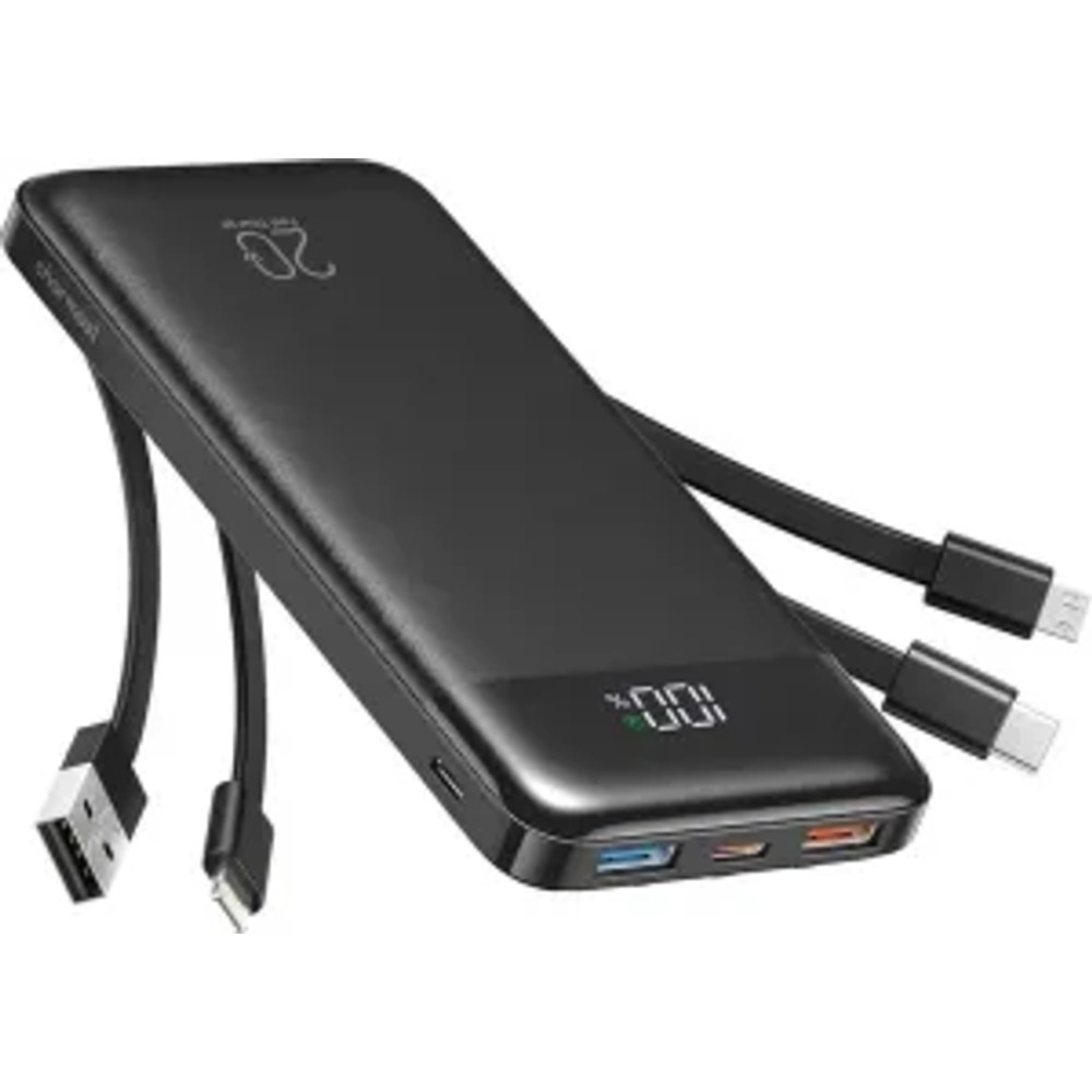 Powerbanka Charmast W1148 5V 3A 10000 mAh s vestavěnými kabely USB A / USB C / Lightning / Micro USB černá