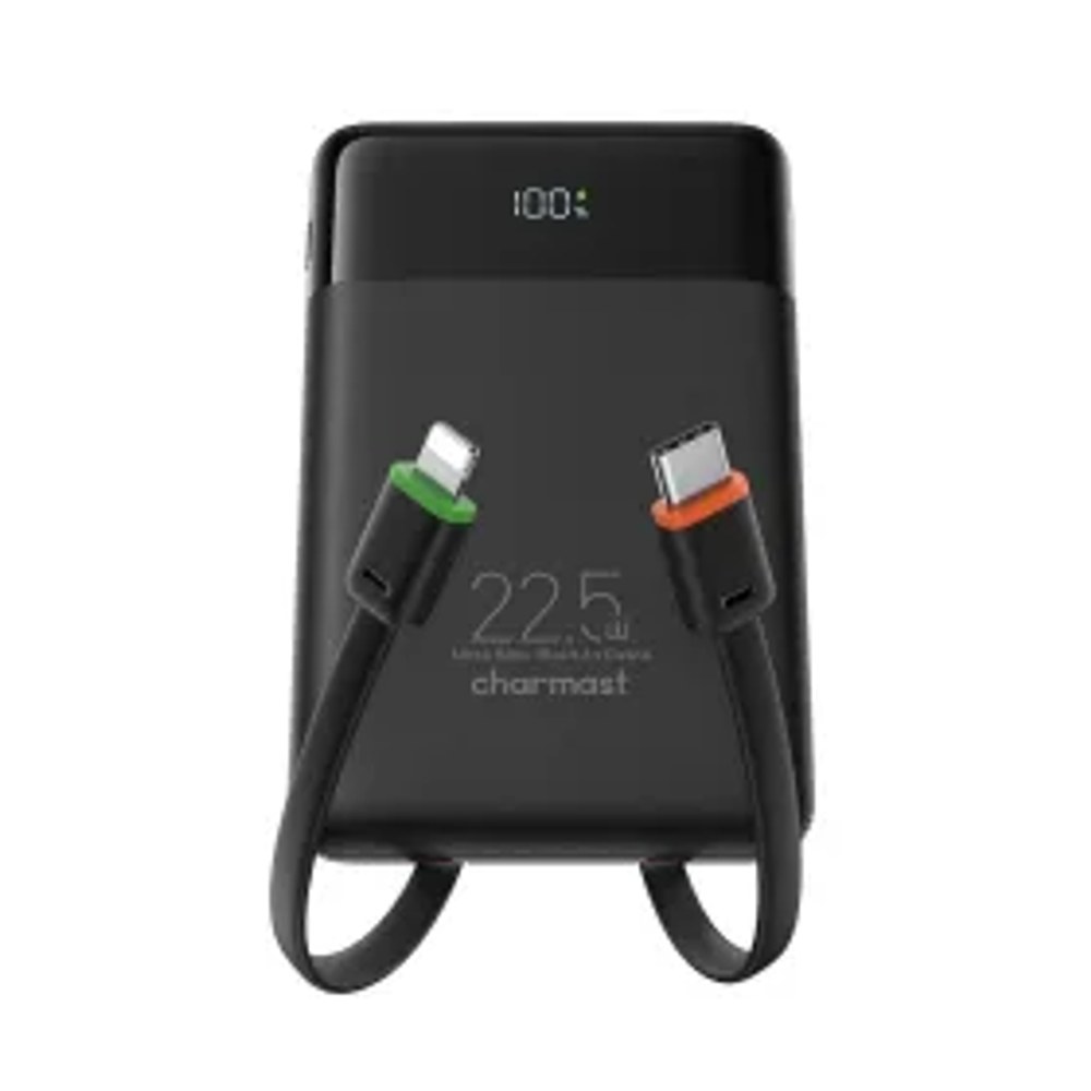 Powerbanka Charmast W1202 PD3.0 3A 22,5W 10000 mAh s vestavěnými kabely USB C / Lightning černá