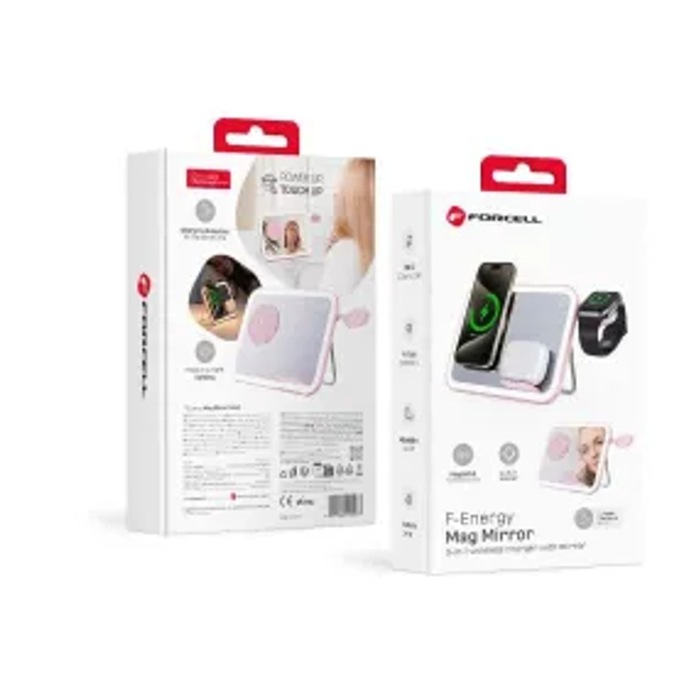 F-ENERGY Mag Mirror 15W bezdrátová nabíječka 3 v 1 kompatibilní s MagSafe / Apple Watch / Samsung Watch / Airpods růžová