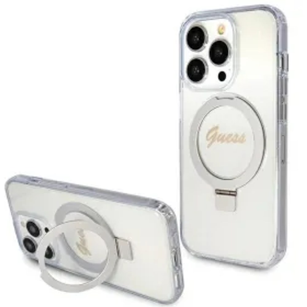 Originální čelní kryt GUESS GUHMP15LHRSGSD pro iPhone 15 Pro (logo Magsafe / Glitter Script / stojánek na prsten / průhledný)