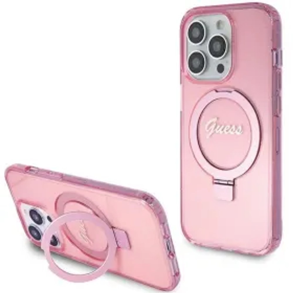 Originální čelní kryt GUESS GUHMP15LHRSGSP pro iPhone 15 Pro (logo Magsafe / Glitter Script / stojánek na prsten / růžový)