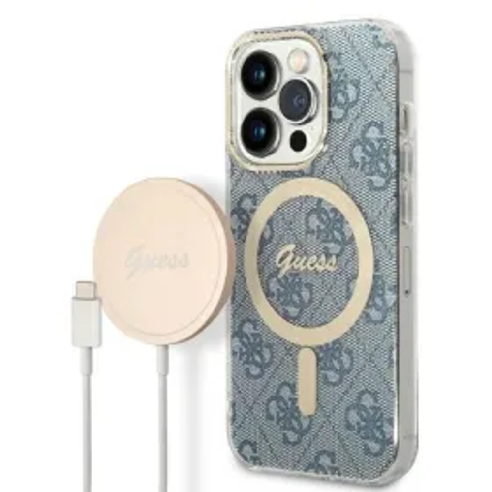 Originální sada GUESS GUBPP14LH4EACSB pro iPhone 14 Pro (Bundle Pack Magsafe: pouzdro + nabíječka / 4G / zlatý - modrá)