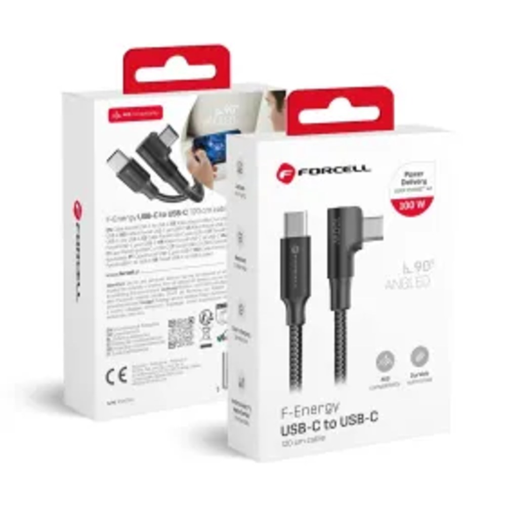 Kabel USB C na USB C F-Energy QC4.0 PD 5A 100W Cafule 90° 1,2 m CC-1Deg černý