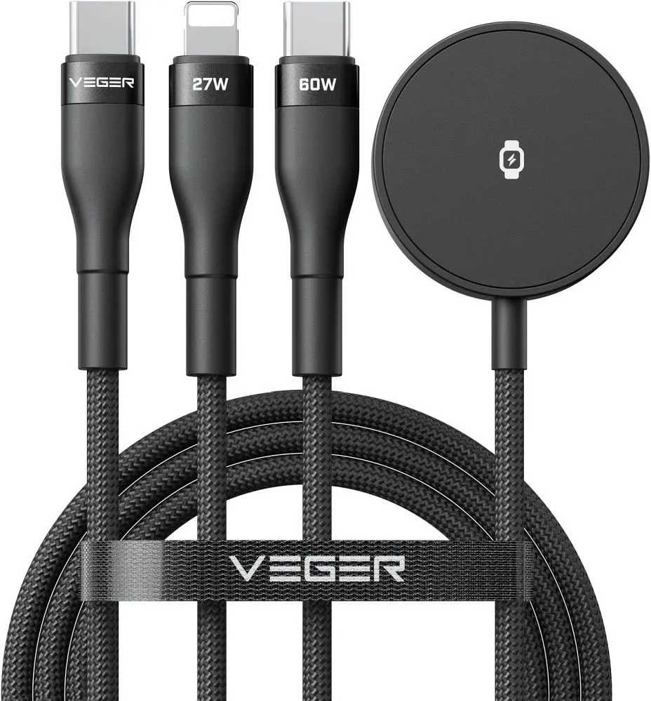 Kabel 3v1 USB C na Lightning / Typ C / iWatch / Samsung Watch VEGER 3A 92W V730 1,5 m černý