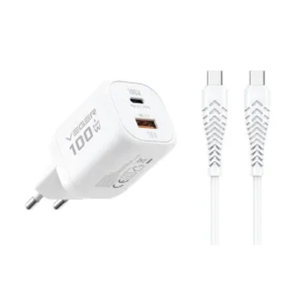 Nabíječka telefonu VEGER USB A + Type C PD Super Charge PPS 100W + datový kabel Type C to C 240W TR150 bílá