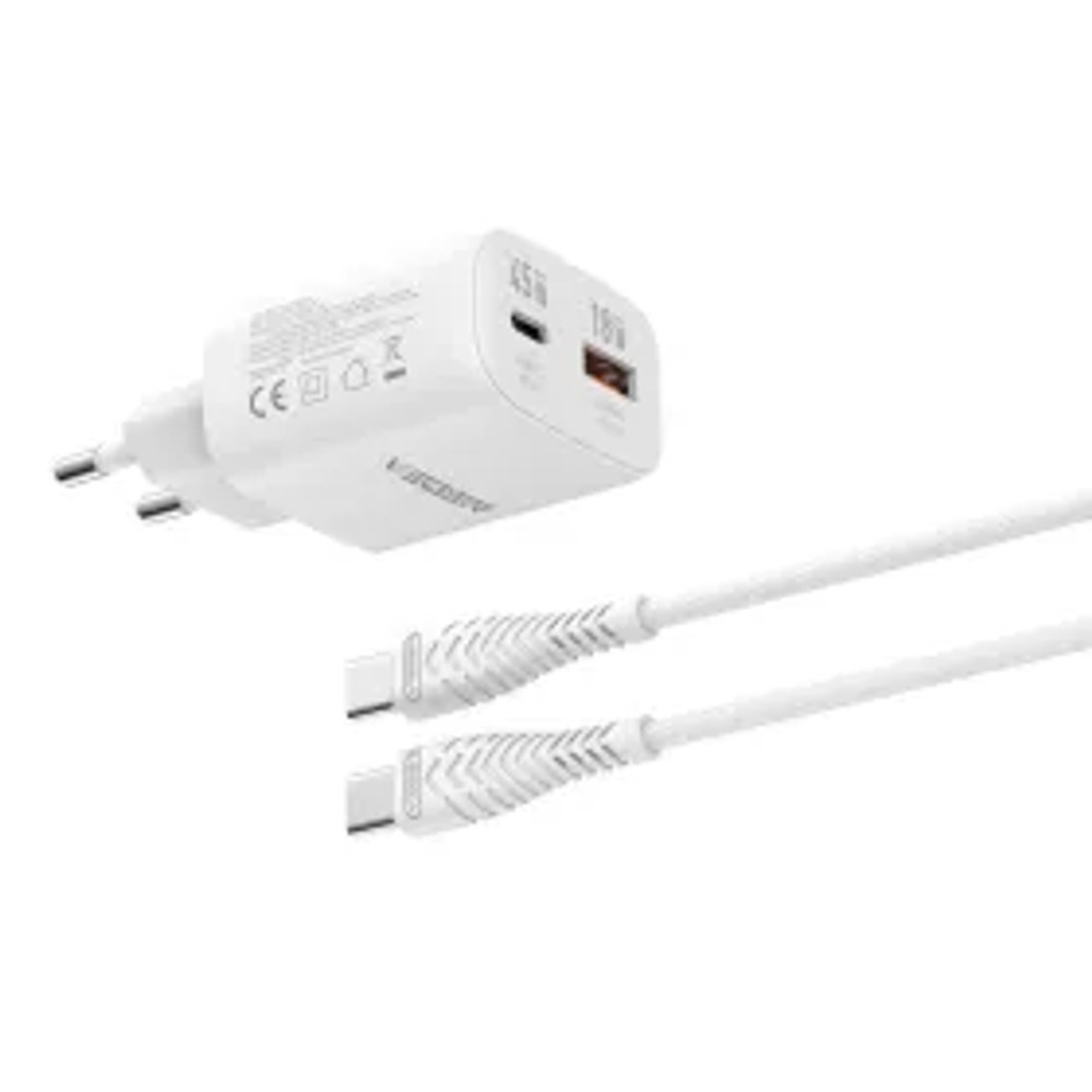 Nabíječka telefonu VEGER USB A + Type C PD Super Charge PPS 45W + datový kabel Type C to C 100W TR101 bílá