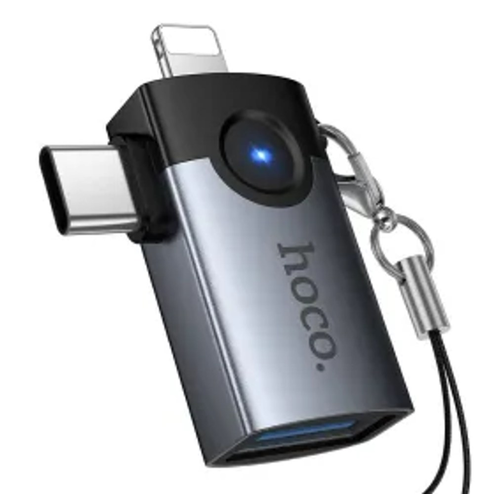 Adaptér OTG 2v1 Lightning / USB C na USB A Hoco UA46E Victory šedý