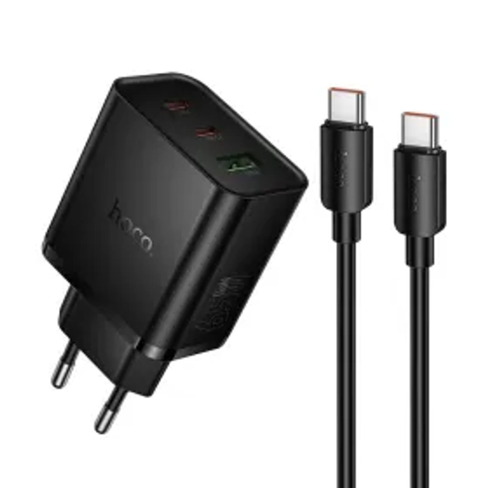 Nabíječka telefonu Hoco 2x USB C + USB A QC3.0 PD 3A 65W + datový kabel USB C na USB C N75 černá