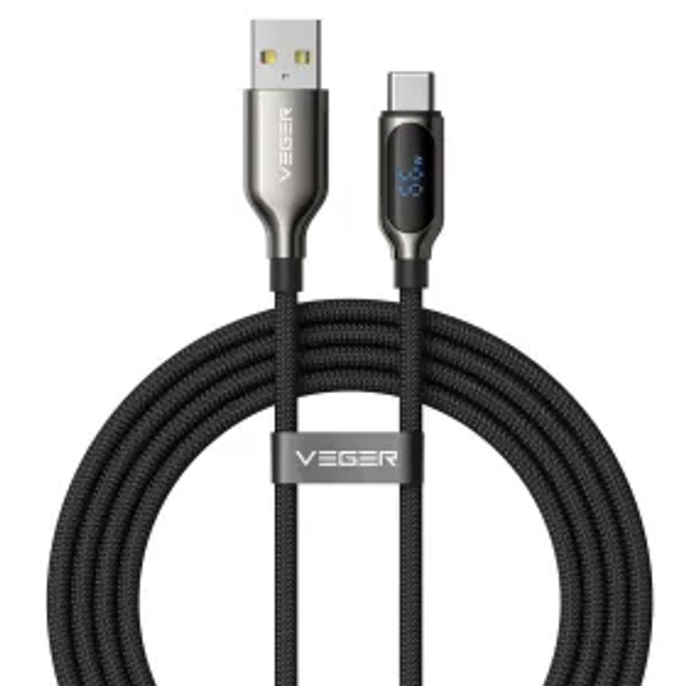Kabel s LED kontrolkou, typ C – typ C, VEGER PD 5 A, 100 W, CC1-ZSD, 1,5 m, černý