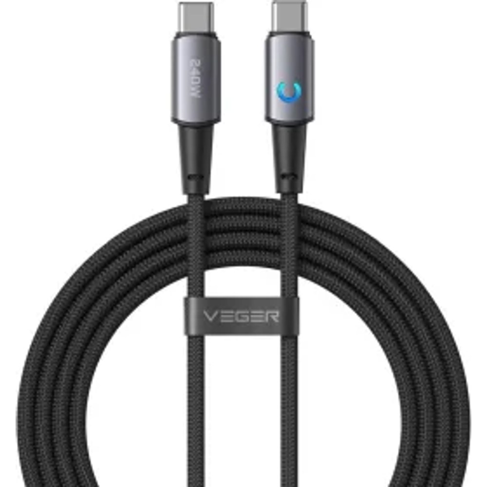 Kabel s LED kontrolkou, typ C – typ C, VEGER PD 5 A, 240 W, CC2-ZSD, 1,5 m, černý
