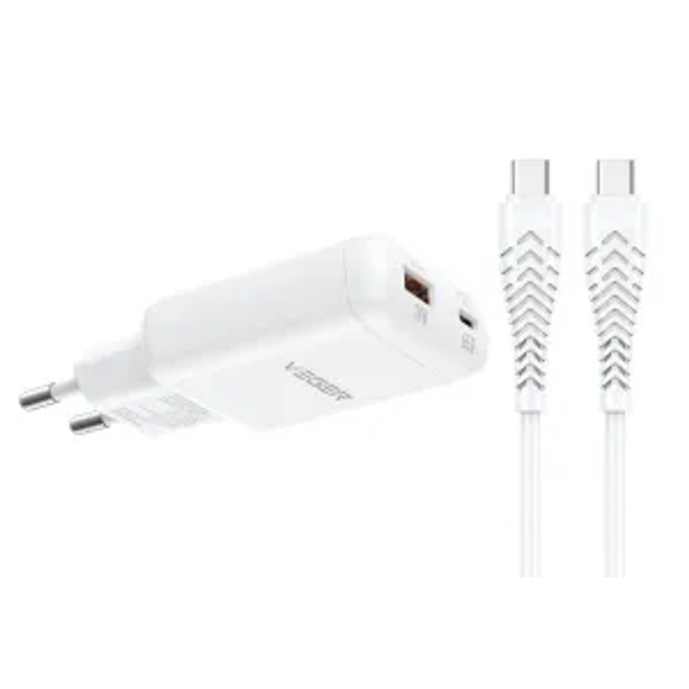 Nabíječka na telefon USB-A + Type-C PD 65 W + datový kabel Type-C na C 100 W VEGER TR122, bílá