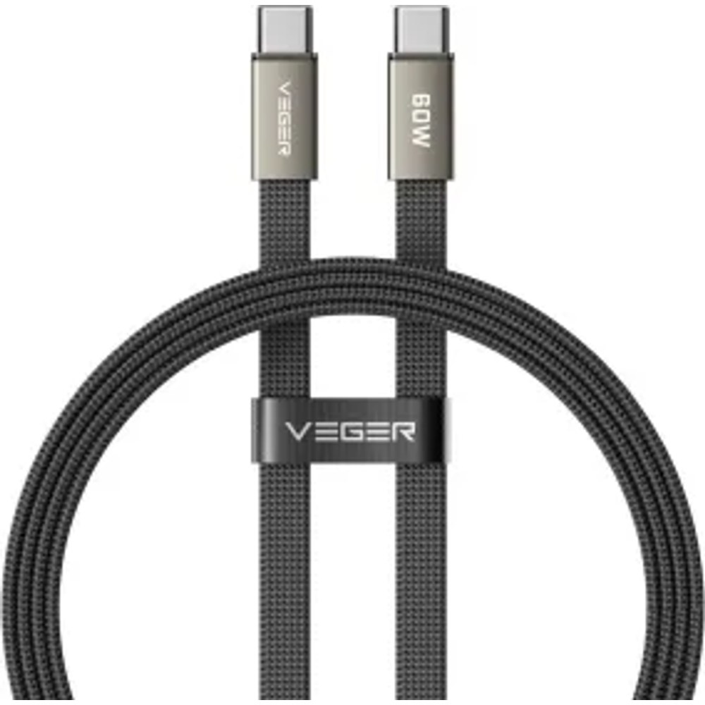 Plochý kabel typu C – typ C VEGER PD 3 A, 60 W, CC06-MTB, 1,2 m, černý