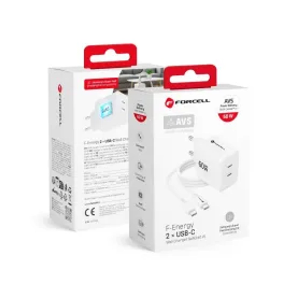Nabíječka F-Energy GaN III Crystal Color 2x USB-C AVS SSFC2.0 60 W + silikonový kabel USB-C na USB-C VT-60, bílá
