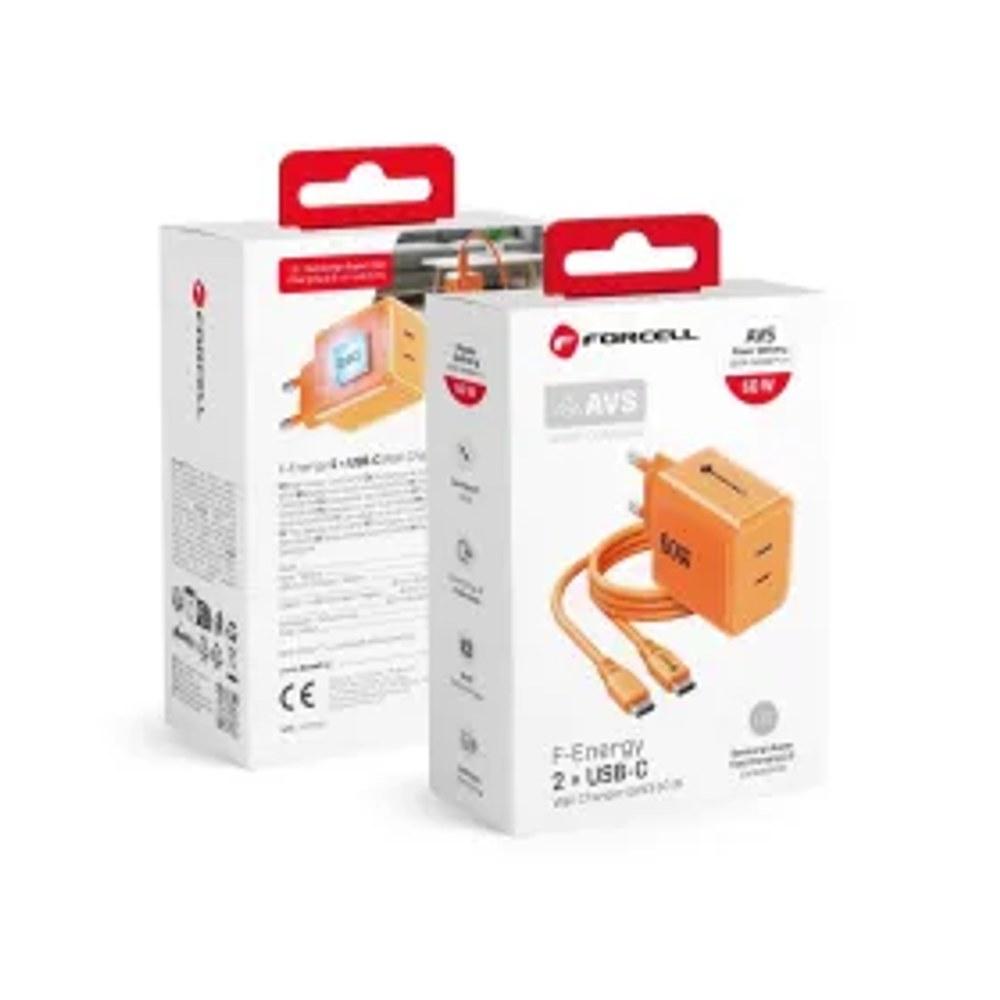 Nabíječka F-Energy GaN III Crystal Color 2x USB-C AVS SSFC2.0 60 W + silikonový kabel USB-C na USB-C VT-60, oranžová