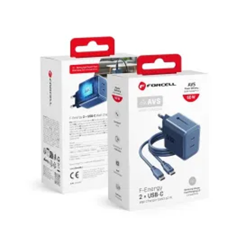 Nabíječka na telefon F-Energy GaN III Crystal Color 2x USB-C AVS SSFC2.0 60 W + silikonový kabel USB-C na USB-C VT-60 tmavě modrý