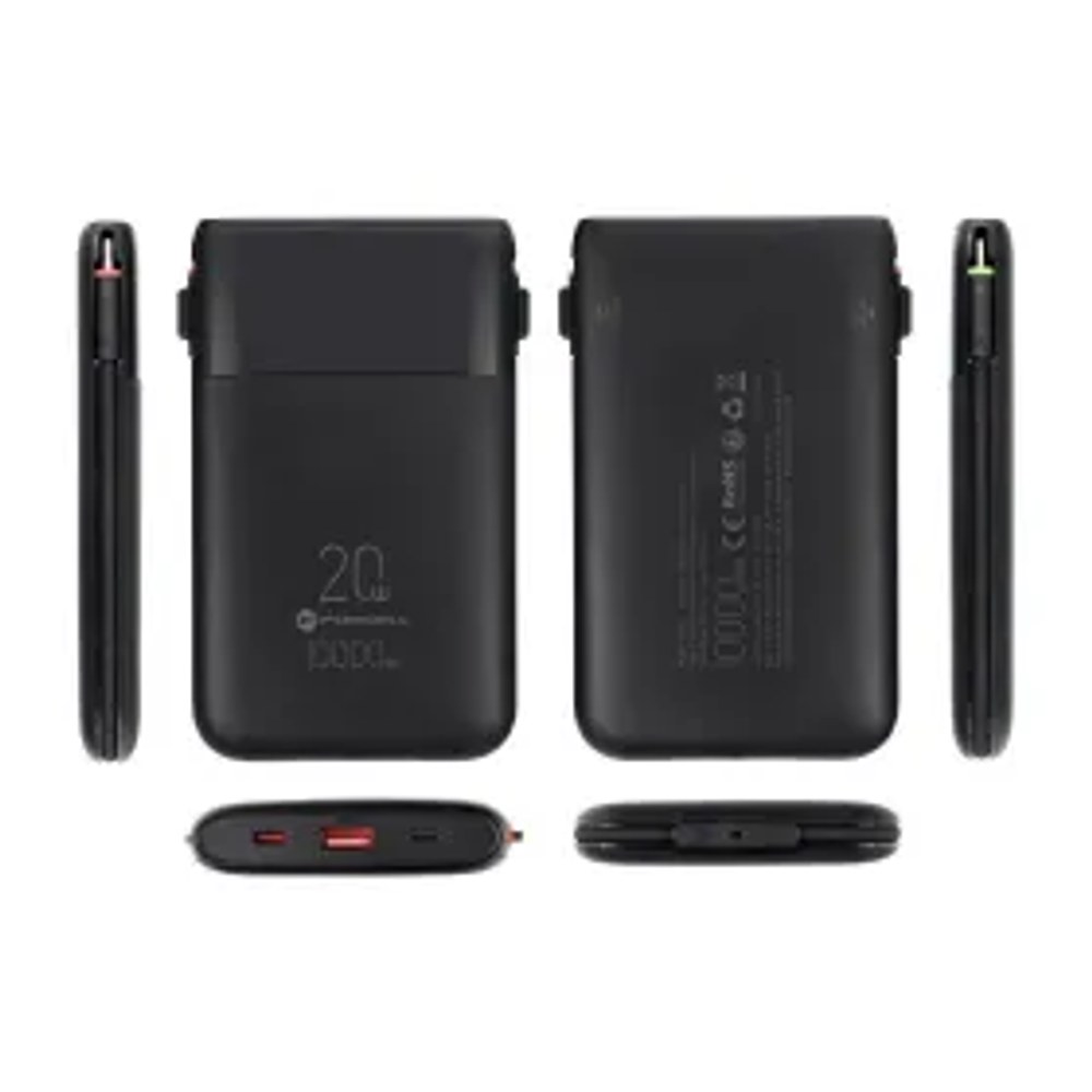 F-ENERGY F10K6 Powerbanka s více nabíjecími porty a integrovanými kabely typu C a Lightning, PD, QC3.0, 3 A, 22,5 W, 10 000 mAh, černá