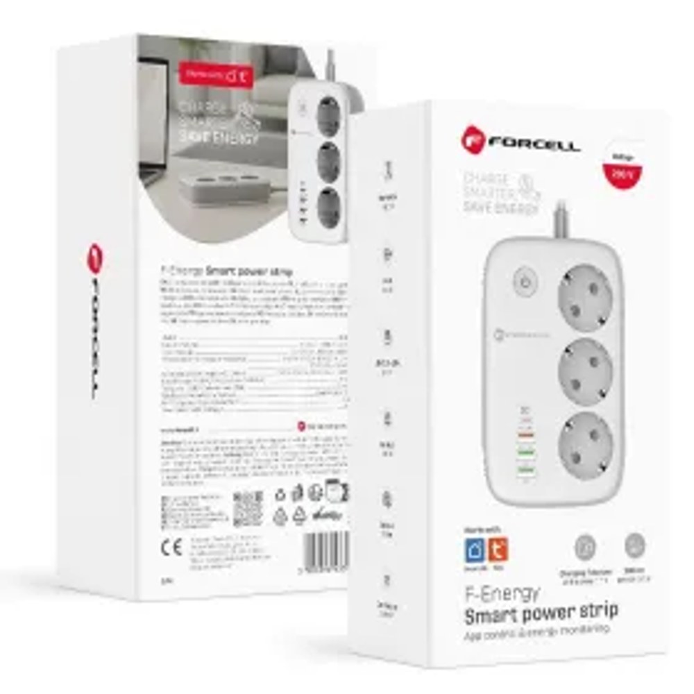 Rozbočovač F-Energy, 3 zásuvky + USB-C 30 W + 3 x USB-A QC3.0 PD + WiFi Tuya, SmartLife, Alexa, 10 A, 2500 W, VT-PS03, bílý