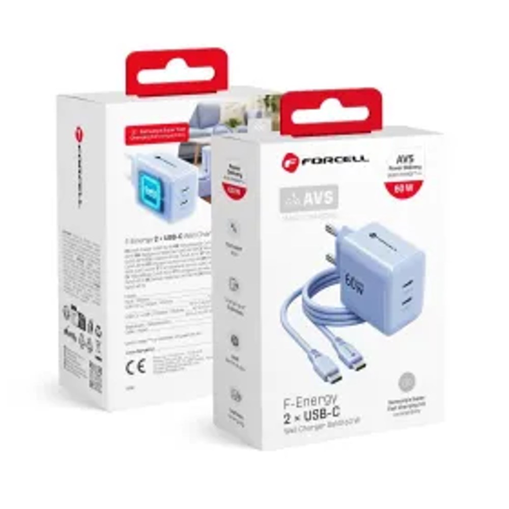 Nabíječka F-Energy GaN III Crystal Color 2x USB-C AVS SSFC3.0 60 W + silikonový kabel USB-C na USB-C VT-60, modrá