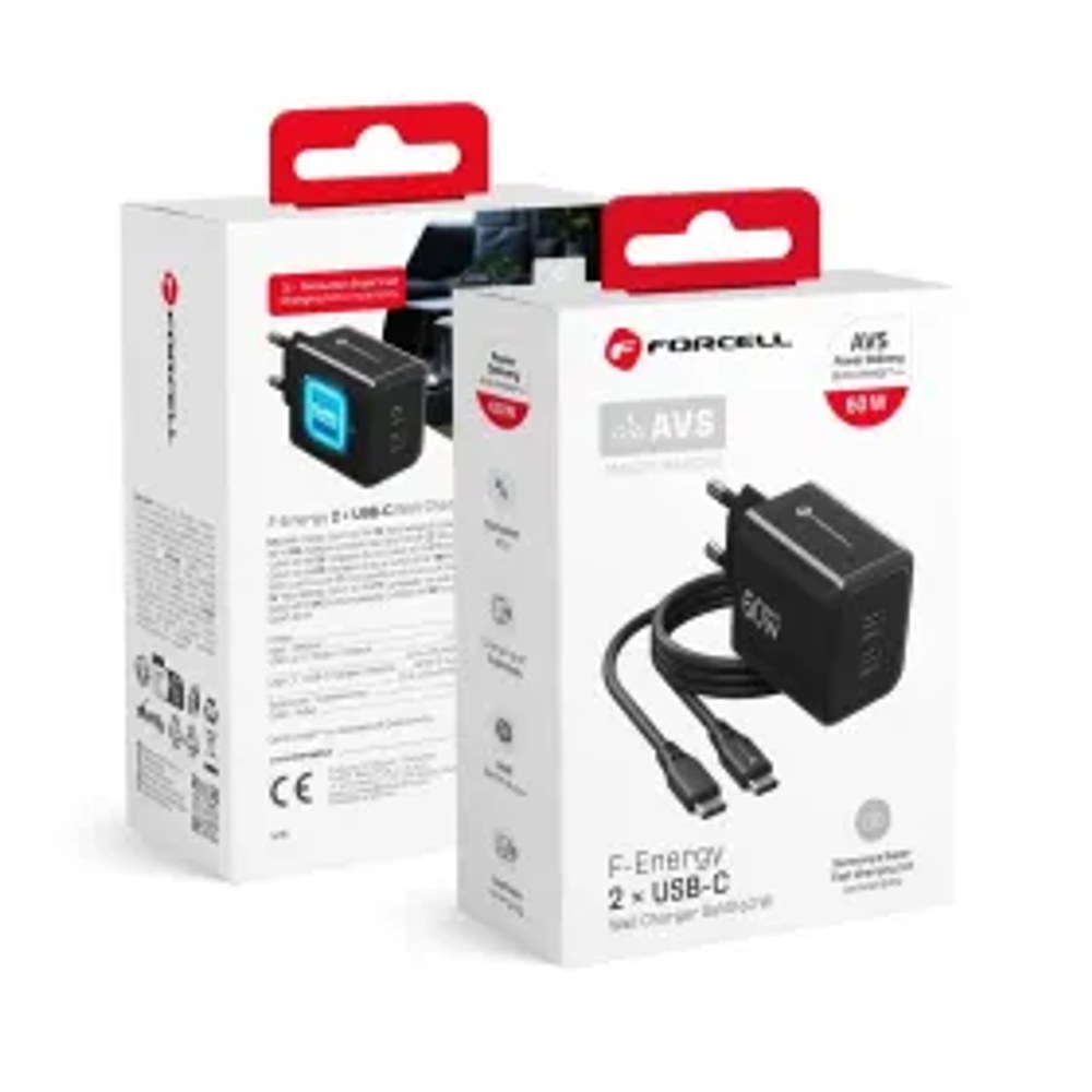 Nabíječka F-Energy GaN III Crystal Color 2x USB-C AVS SSFC3.0 60 W + silikonový kabel USB-C na USB-C VT-60, černá