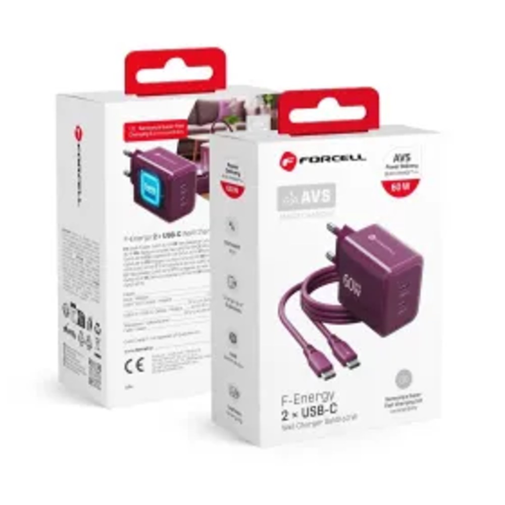 Nabíječka na telefon F-Energy GaN III Crystal Color 2x USB-C AVS SSFC3.0 60 W + silikonový kabel USB-C na USB-C VT-60, burgundská barva