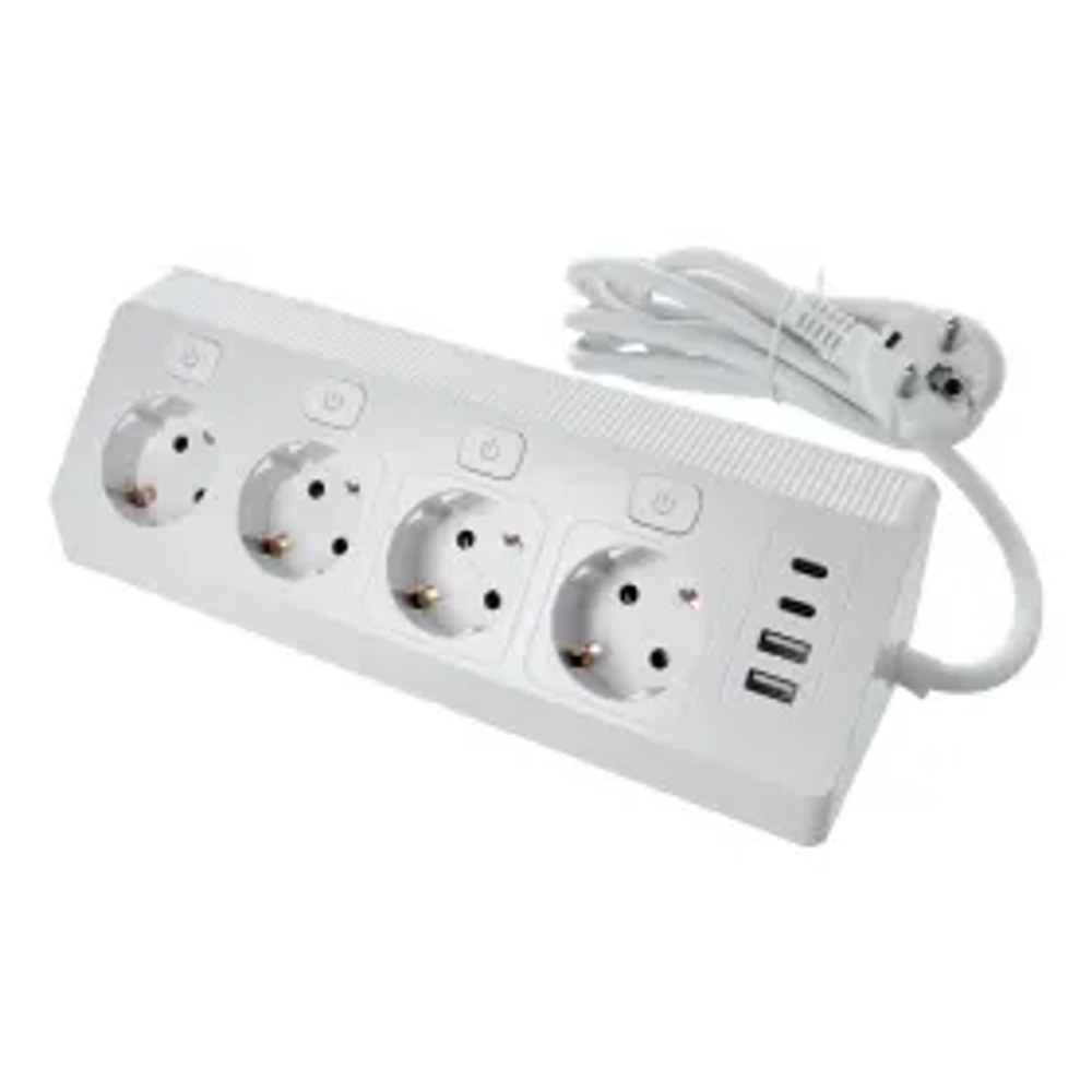 Rozbočovač se 4 zásuvkami, max. 3680 W, 2x USB A, 2x porty typu C, s 2m napájecím kabelem, E42, bílý